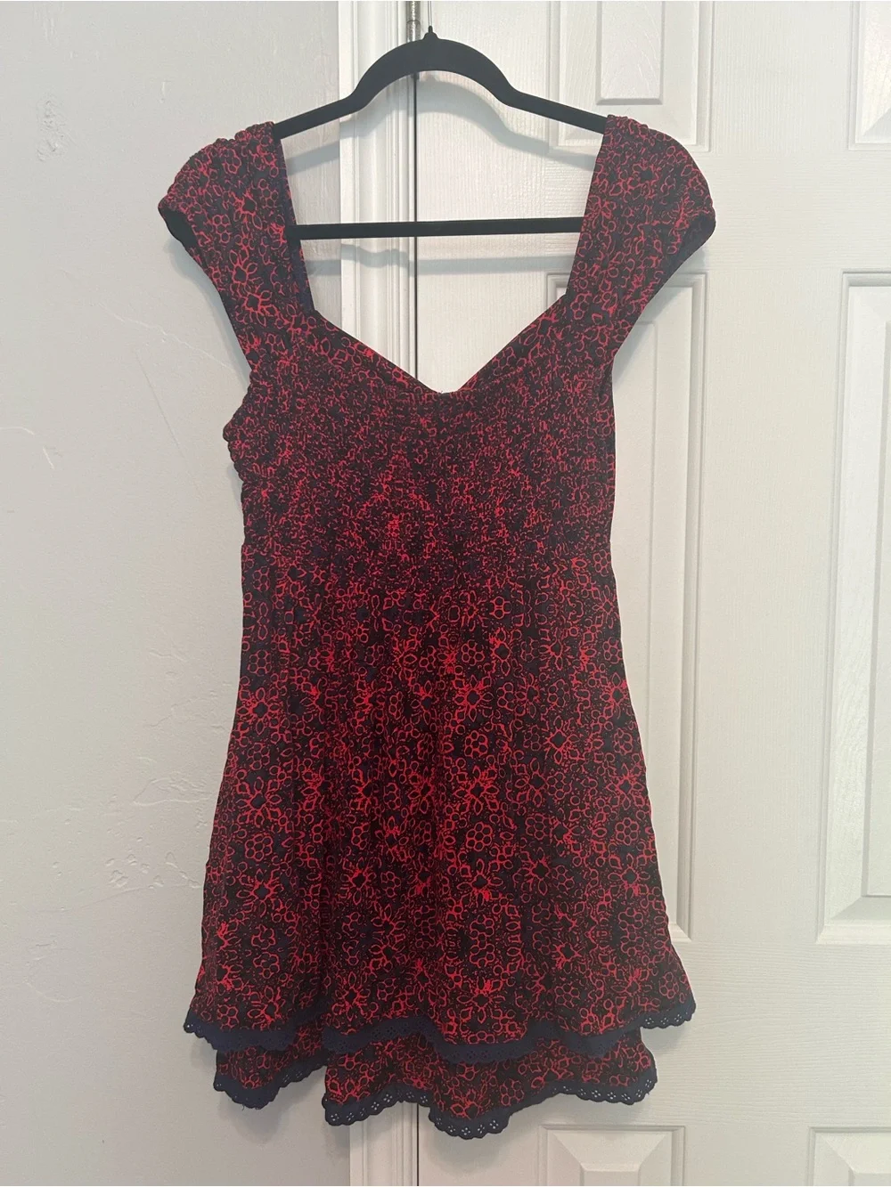 Free People Navy and Red Smocked Floral Blouse